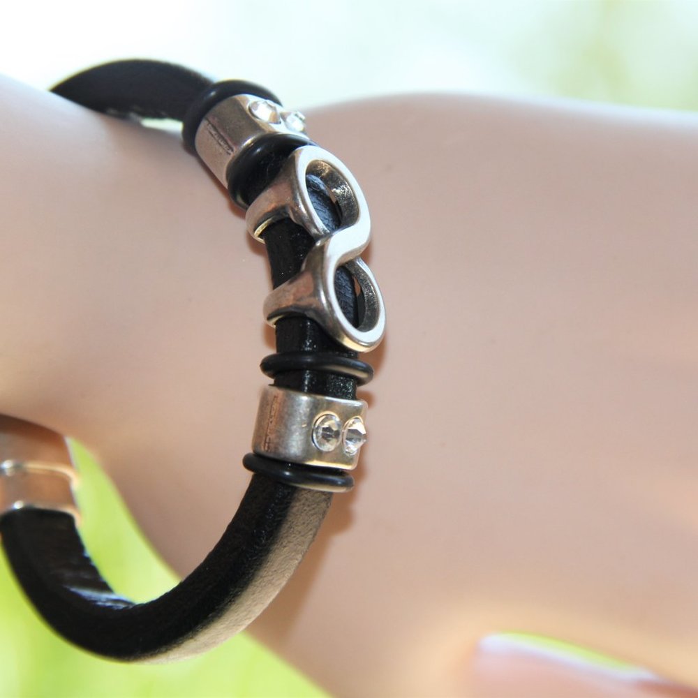 Silver Infinity Sign Crystal Leather Bracelet - image 5